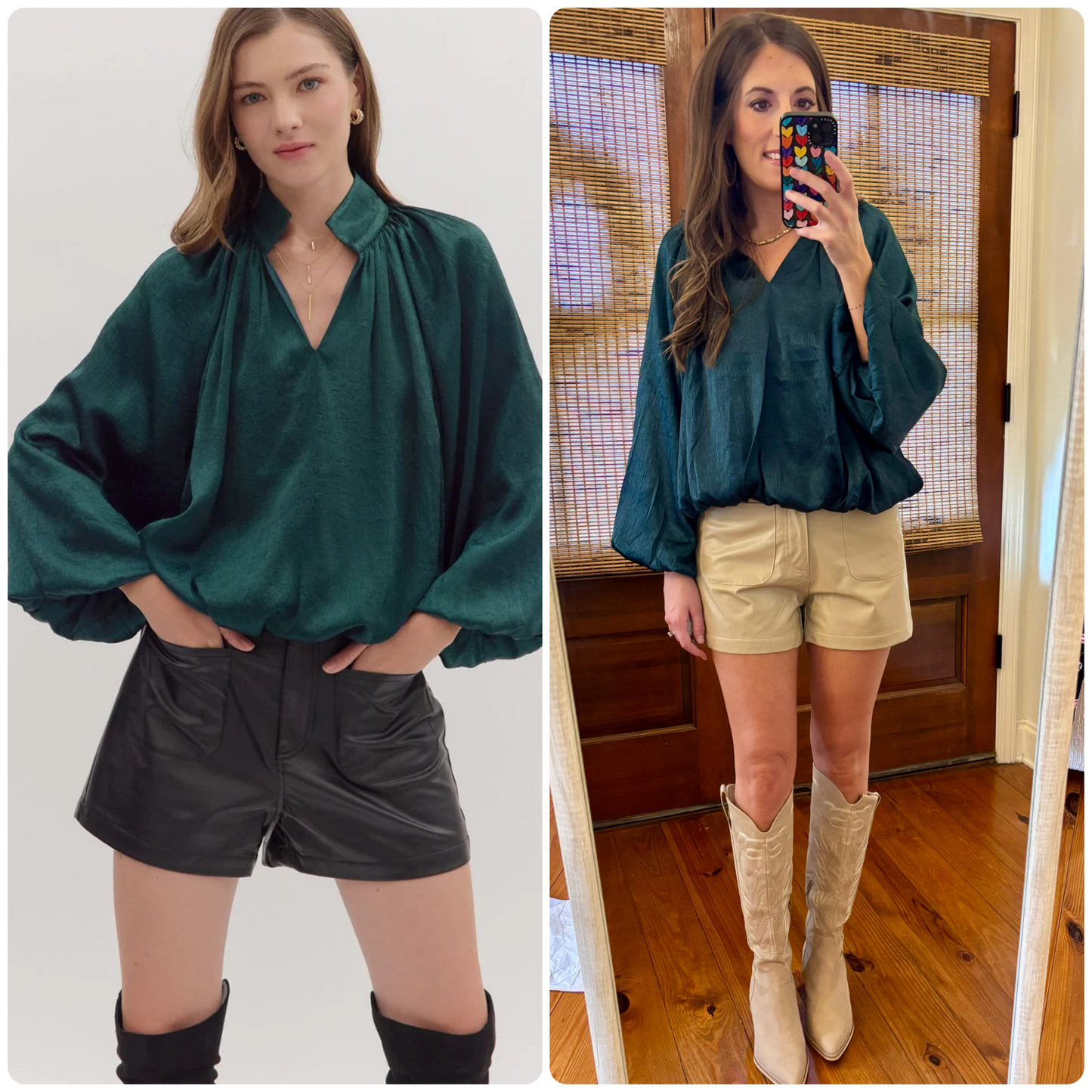 H Green Balloon Sleeve V Neck Top