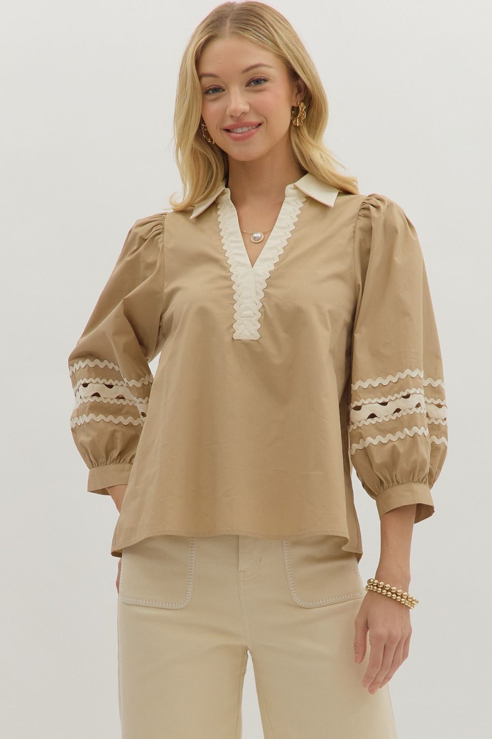 Taupe Scallop Trim V Neck Top