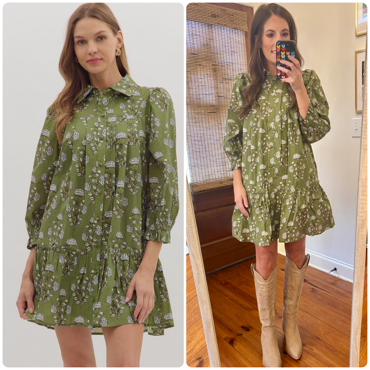 Olive Floral Button Down Dress
