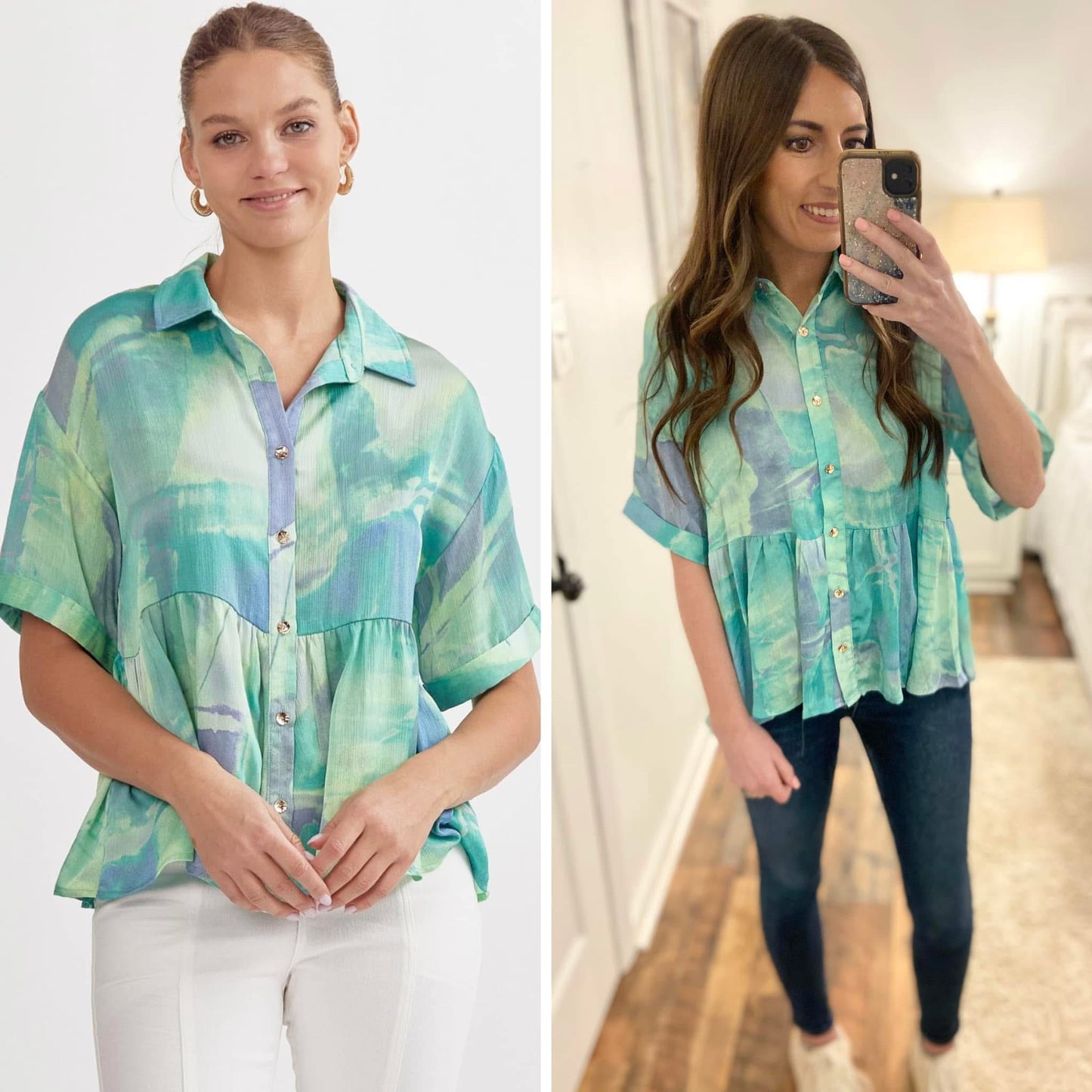 Green Printed Collar Top