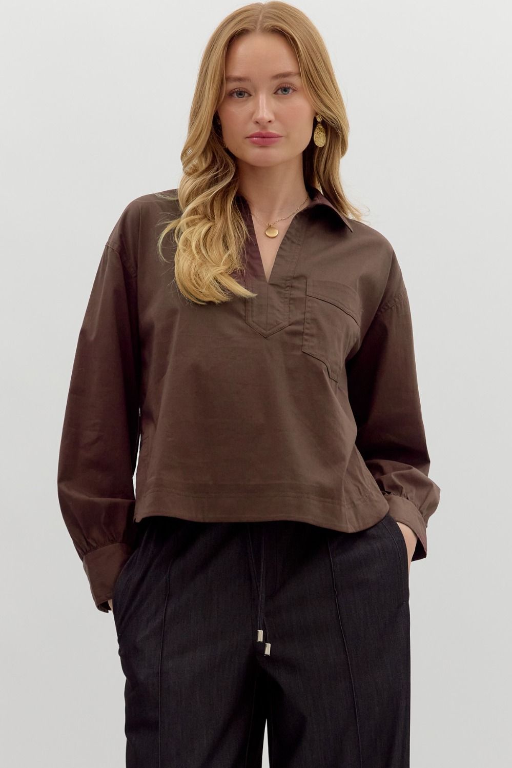 Brown Collared V Neck Top