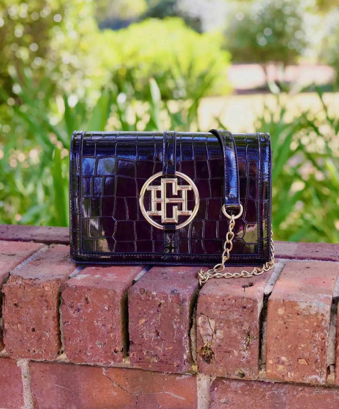 Black Patent Circle Logo Handbag