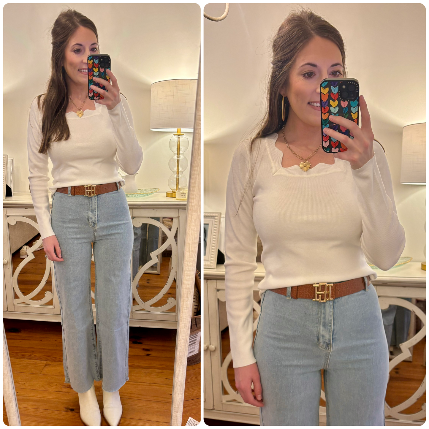 Ivory Scallop Knit Fitted Sweater