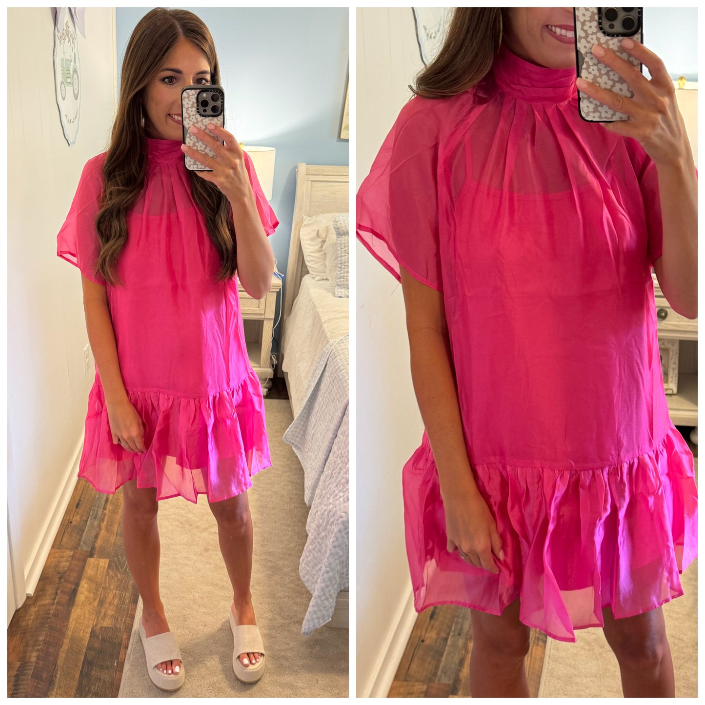 Hot Pink Flutter Sleeve Mock Neck Dress