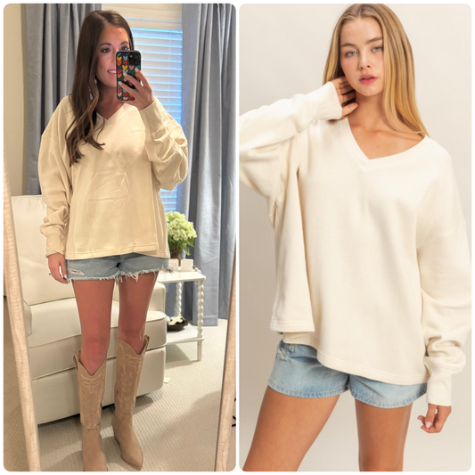 Ivory Oversized V Neck Sweatshirt