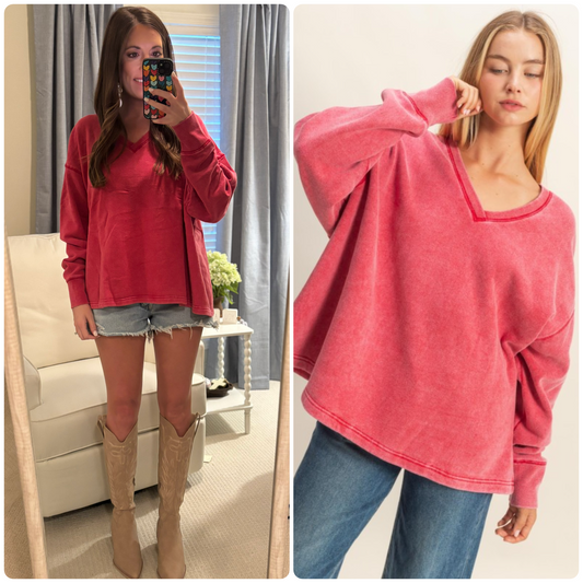 Red Oversized V Neck Sweatshirt