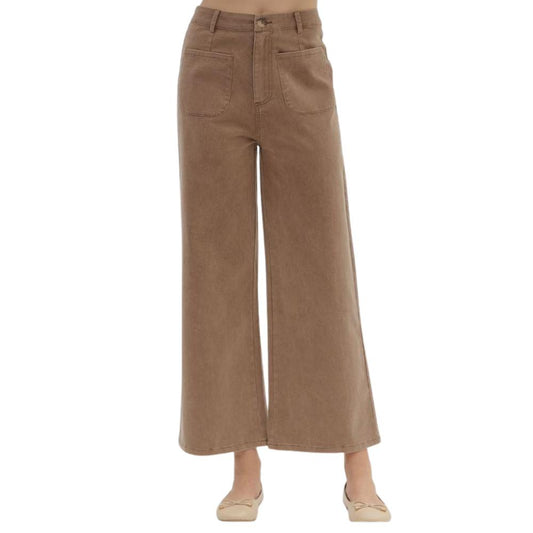 Brown Wide Leg Pants with Patch Pockets