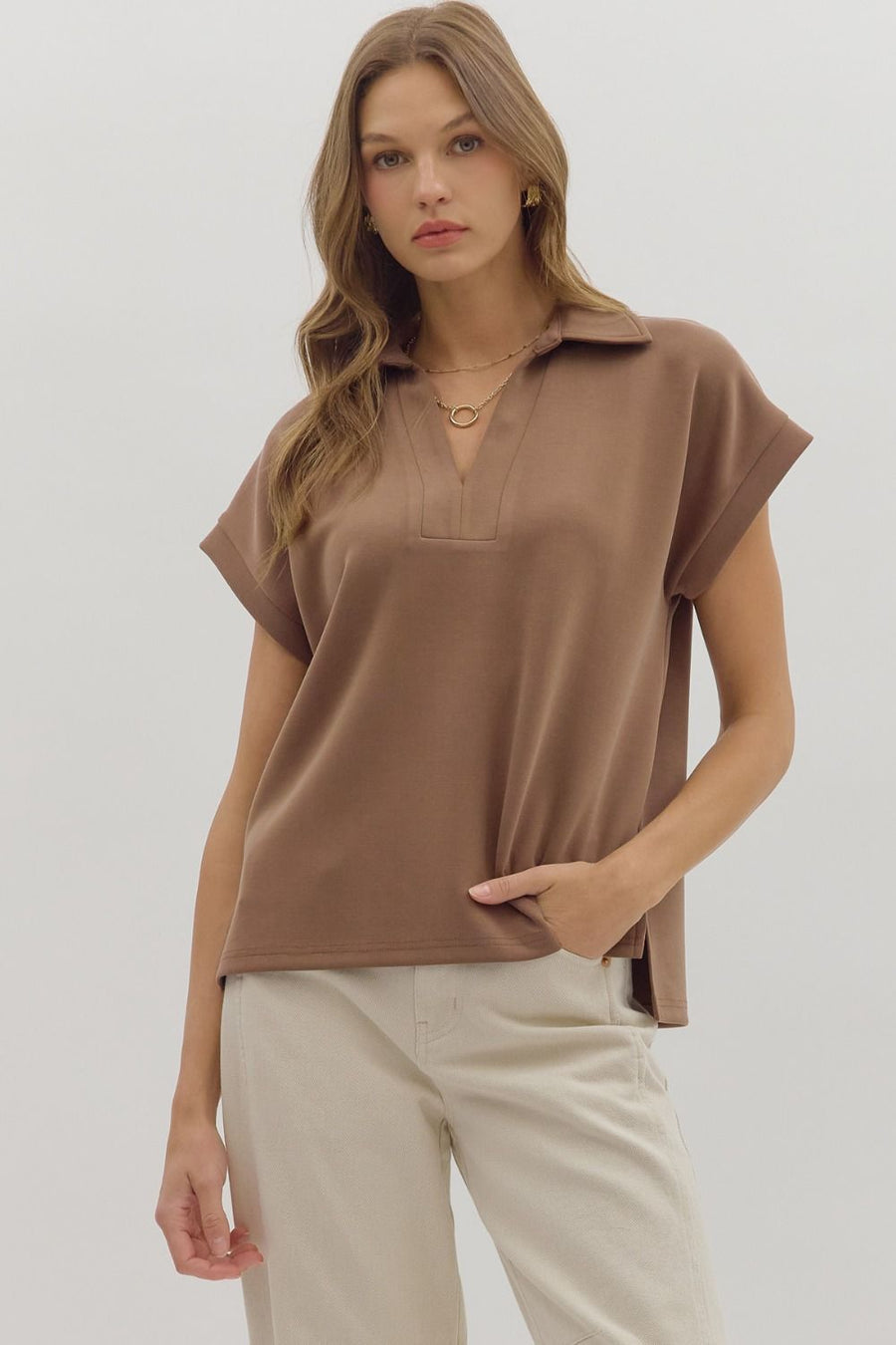 Brown Cuffed Short Sleeve Top