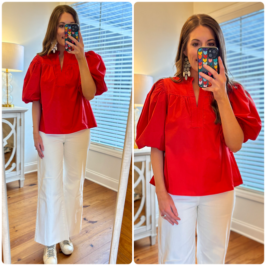 Red V Neck Bubble Sleeve Top