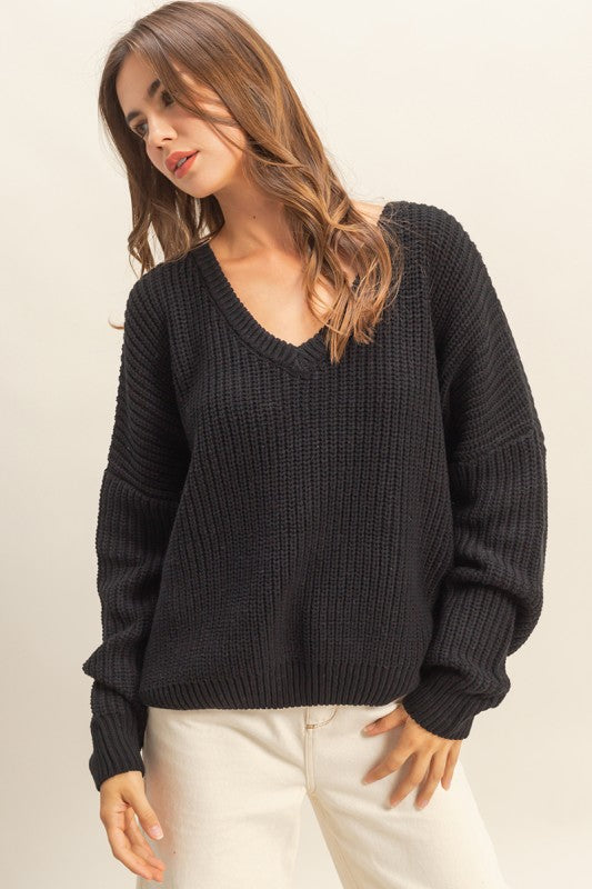 Black Oversized V Neck Knit Sweater
