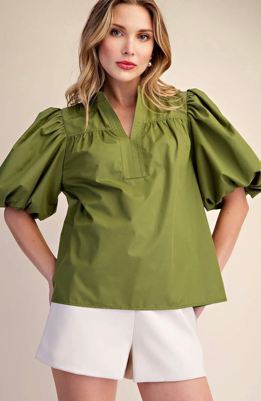 Olive Bubble Sleeve Top