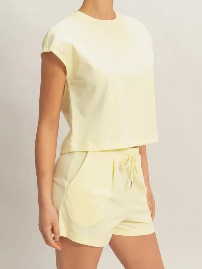 Cap Sleeve Boxy Top and Short Set- Pale Yellow