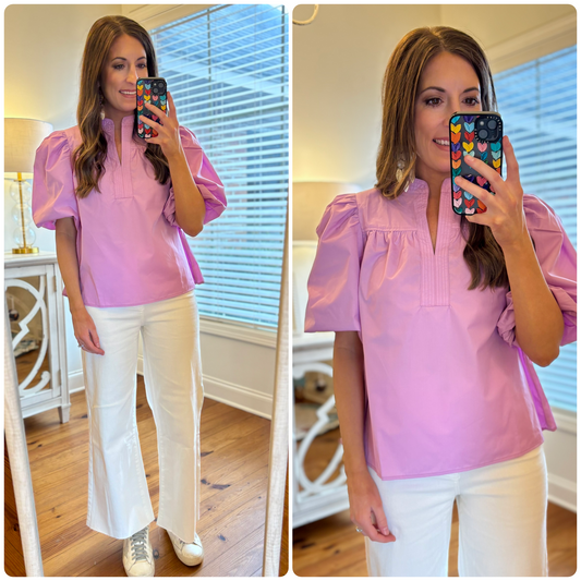 Pink V Neck Bubble Sleeve Top