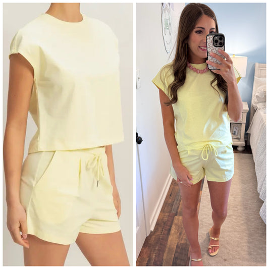 Cap Sleeve Boxy Top and Short Set- Pale Yellow