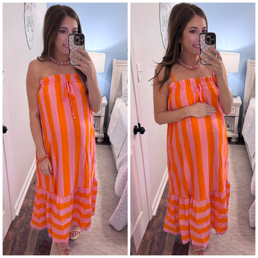 Pink Orange Striped Midi