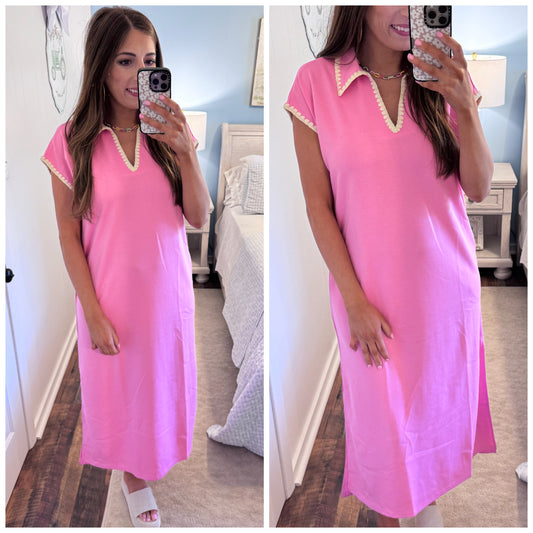 Pink Collared V-Neck Dress