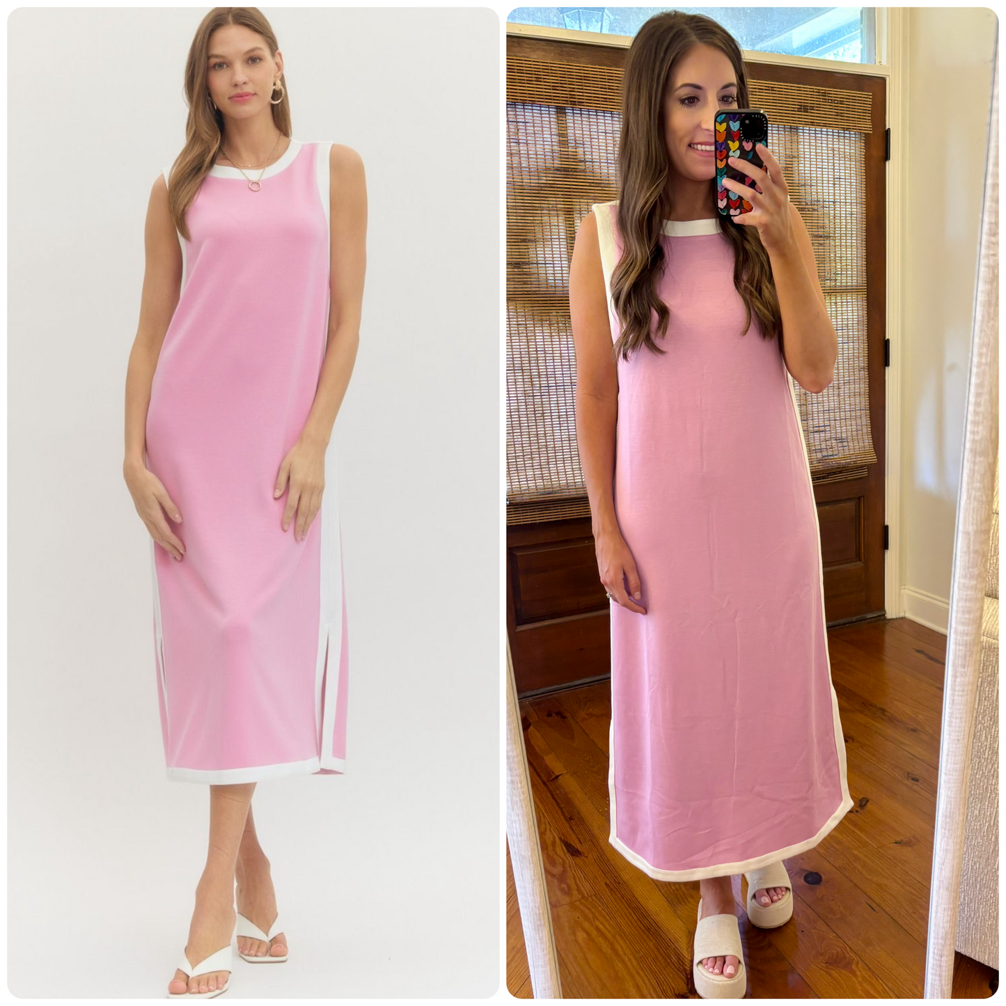 Pink Solid Sleeveless Midi