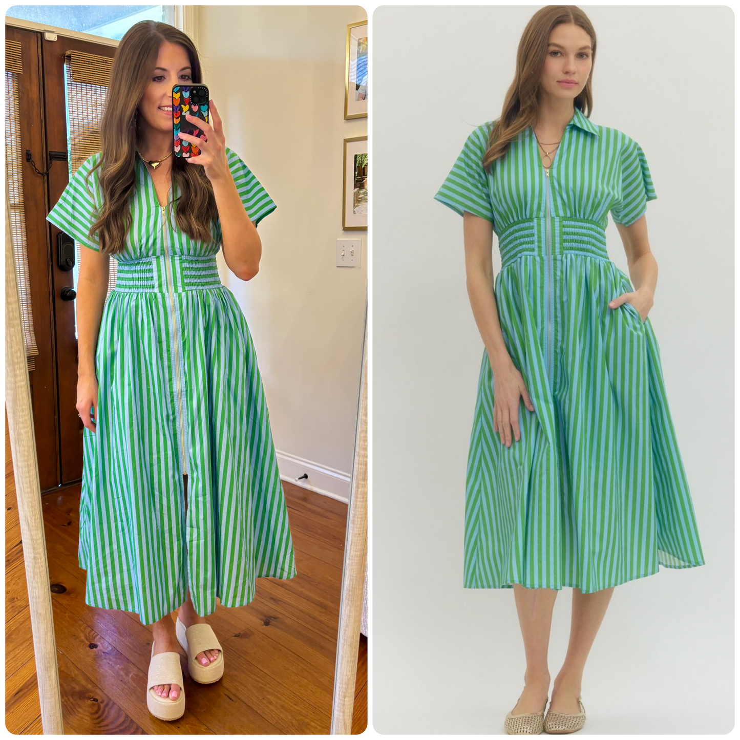 Blue/Green Striped Midi Dress
