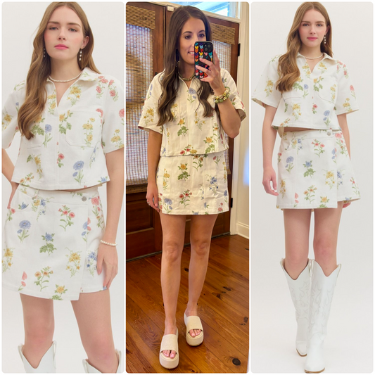 Cream Floral Denim Skort Set