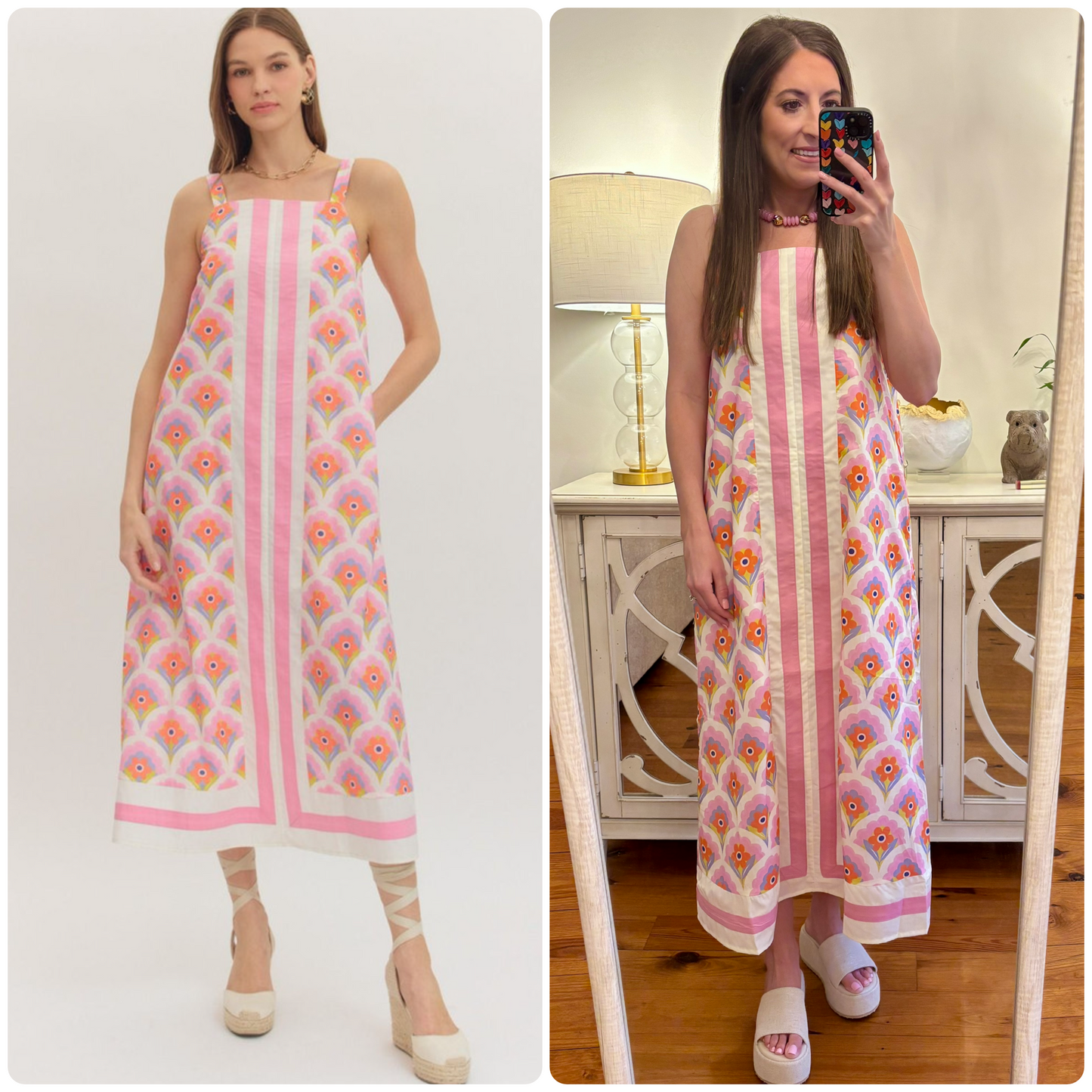 Pink Floral Sleeveless Midi Dress
