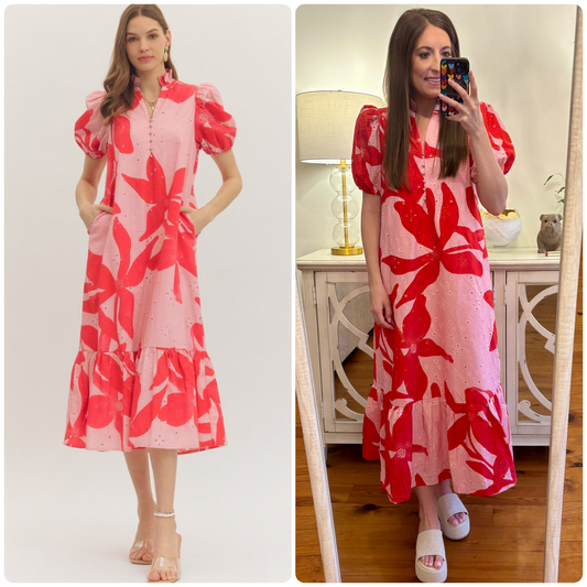 Pink Floral Eyelet Detail Midi Dress