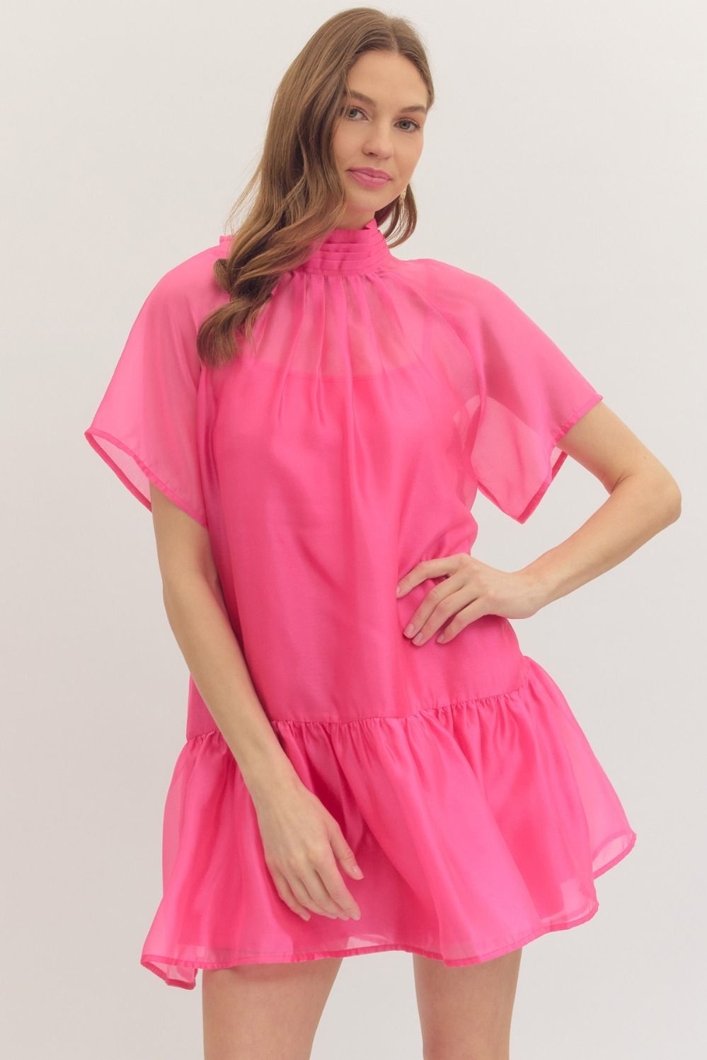 Hot Pink Flutter Sleeve Mock Neck Dress