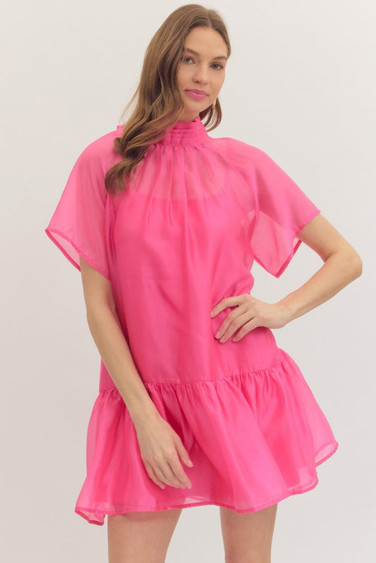 Hot Pink Flutter Sleeve Mock Neck Dress