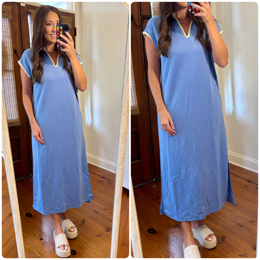 Blue Collared V-Neck Dress