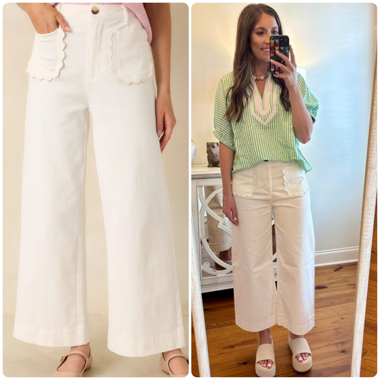 White Scalloped Pocket Pants
