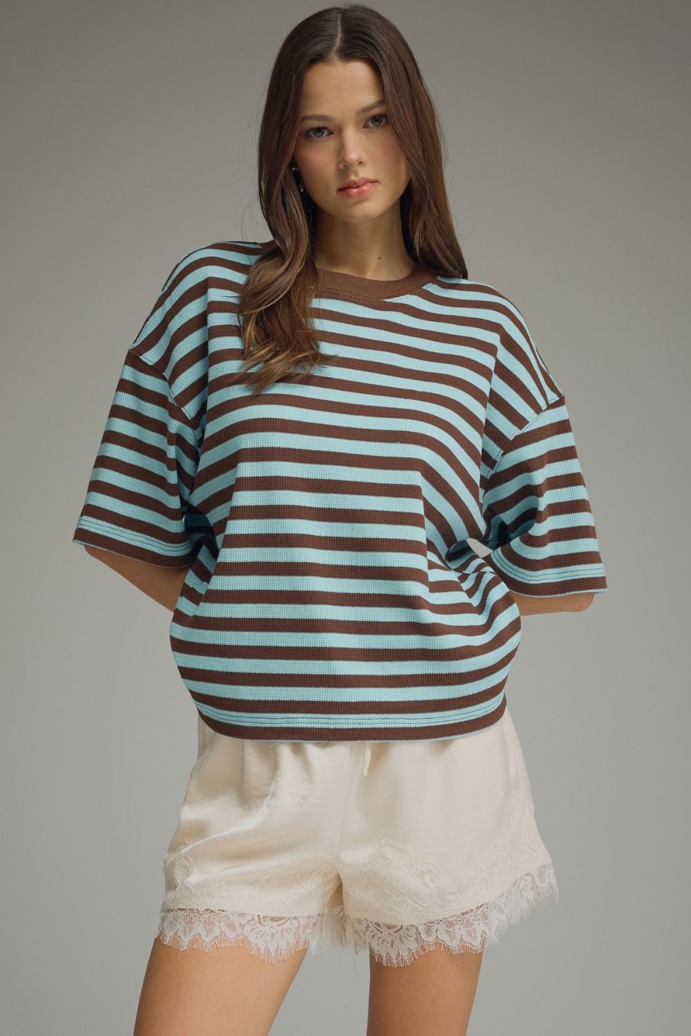 Blue Brown Striped Short Sleeve Top