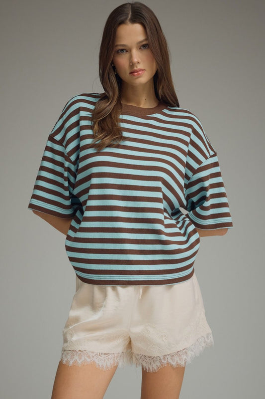 Blue Brown Striped Short Sleeve Top