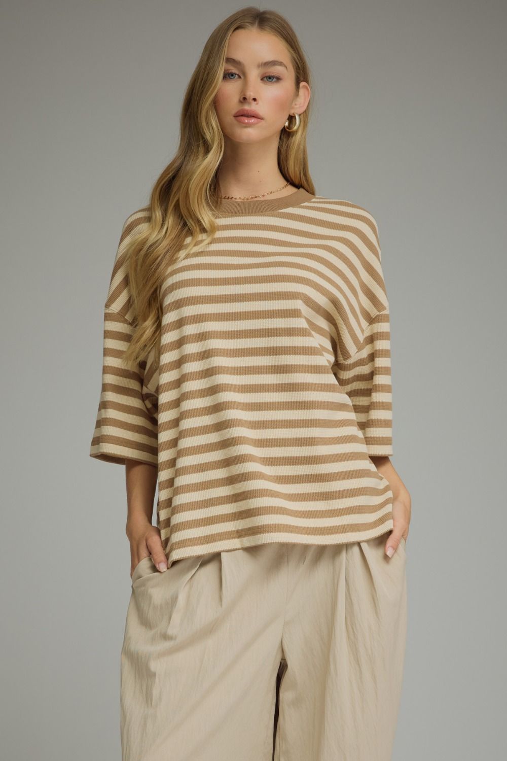 Brown Cream Striped Short Sleeve Top