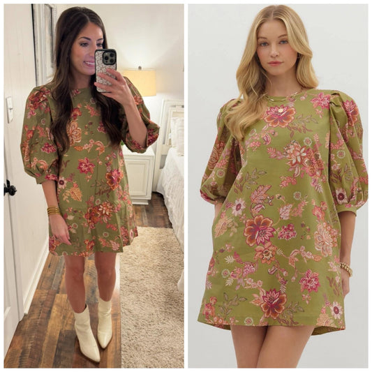 Olive/Pink Floral Dress