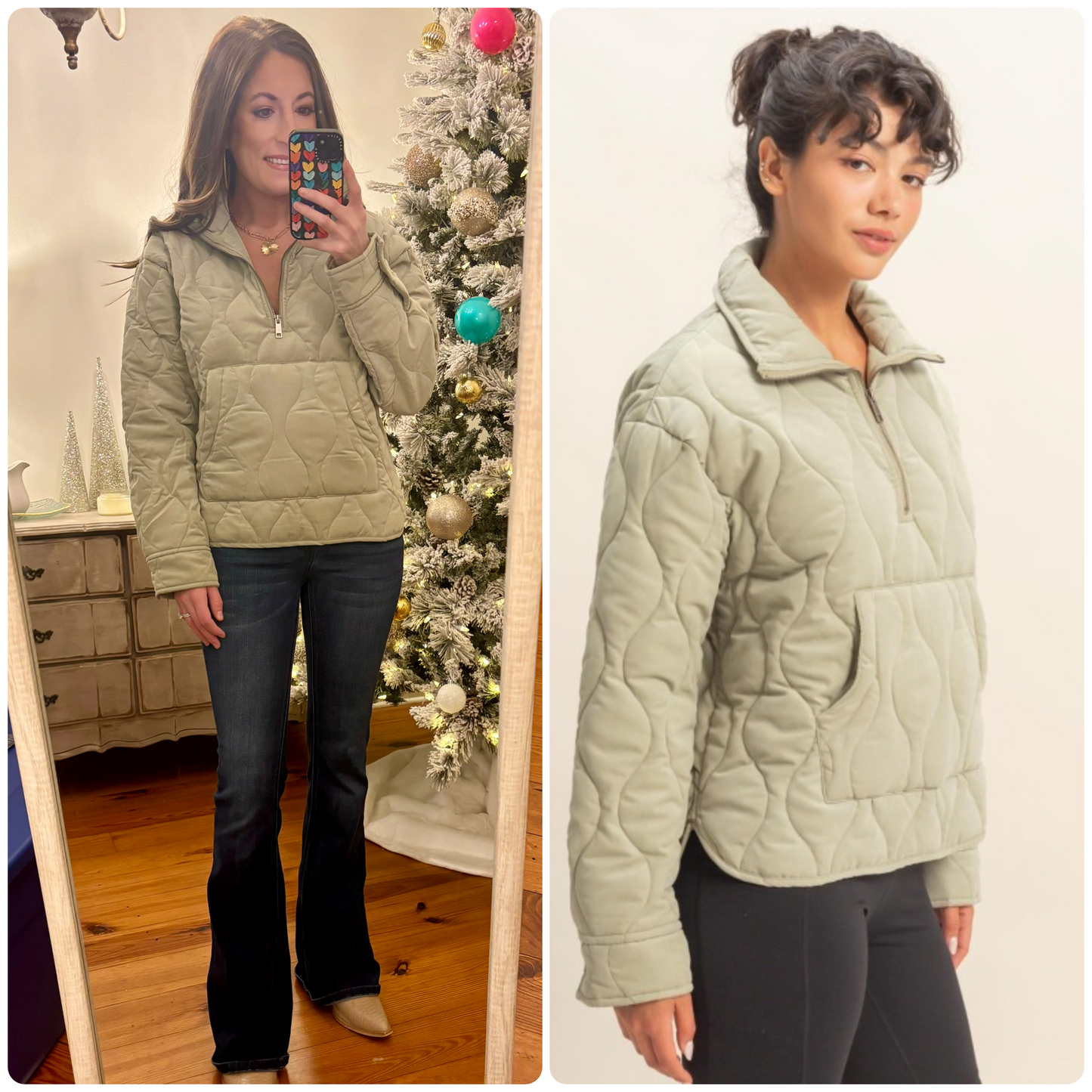 Sage Quilted Half Zip Pullover