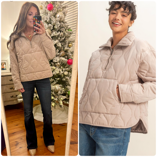 Dark Taupe Quilted Half Zip Pullover