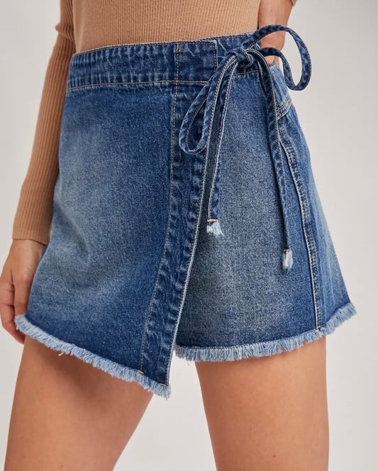 Denim Overlap Skort- Dark